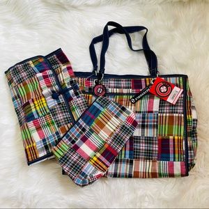 Blue Plaid Patchwork Reversible Diaper Baby Bag + Changing Pad + Pouch - 3pc Set